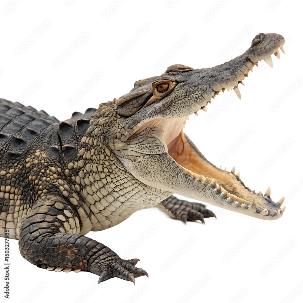 Fototapeta premium Fearsome Nile crocodile displaying its powerful open jaws isolated on a transparent background
