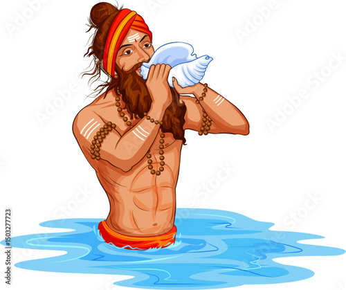 Sadhu saint of India for grand festival and Hindi text Maha Kumbh Mela