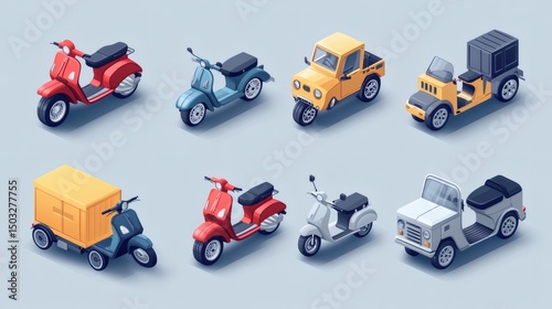 Isometric illustration of various delivery vehicles including scooters, trucks and cargo bikes.