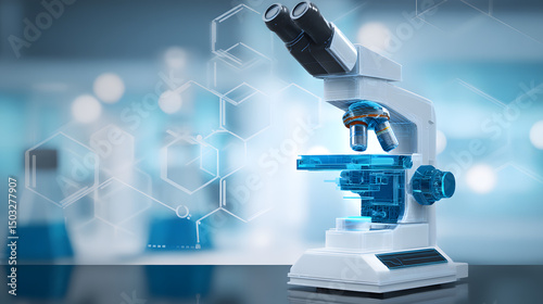 microscopio actual en una mesa de laboratorio para la ciencia, la medicina, la industria y la educación