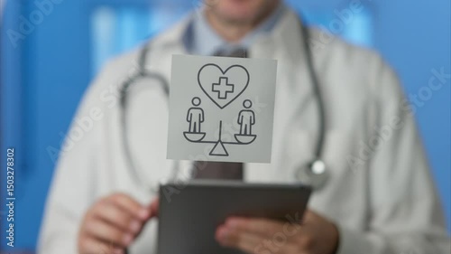 Medical professional interacting with digital tablet, displaying health equity balance icon on transparent board, highlighting fair healthcare access and patient centered medical communication