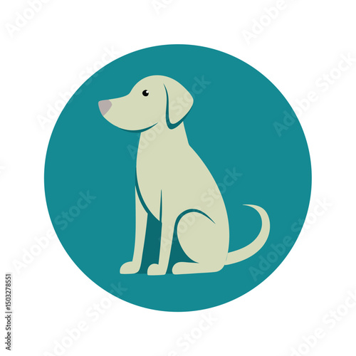 Simple cartoon illustration of a sitting dog inside of a teal green circle
