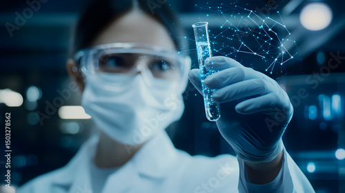 Estudiante o investigador en laboratorio con equipo de protección examinando muestra líquida
