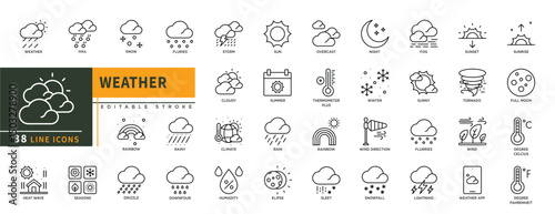 Minimalist Weather line icon set with editable stroke, featuring hail, snow, ranbow, seasons, heat wave, humadity, storm, cloudy, climate, rainy, night, fog, sunset, tornado, moon, wind. illustration.