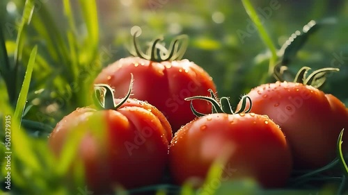 Ripe red tomatoes growing on a vine in a greenhouse, glistening with water droplets.