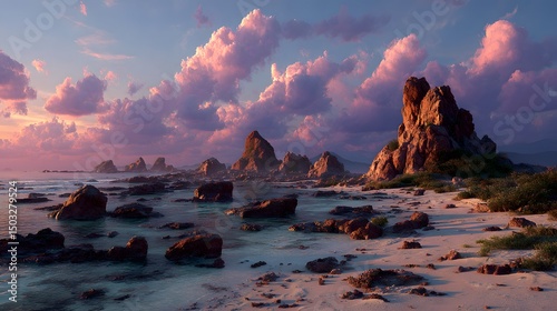 Fototapeta Naklejka Na Ścianę i Meble -  Hyper-realistic Desiccated Coral Reef Scene in Hon Yen with Dramatic Sunset and Enigmatic Ambiance