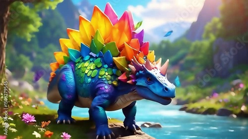 Dinosaurs graze by a lake in a prehistoric valley with lush vegetation and a towering volcano in the background