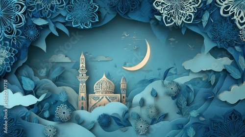 Islamic landscape, mosque, twilight, paper cut, floral, mystical