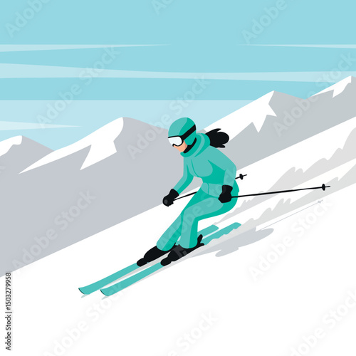 Woman skiing downhill in turquoise outfit on snowy mountain slopes winter sports activity 
