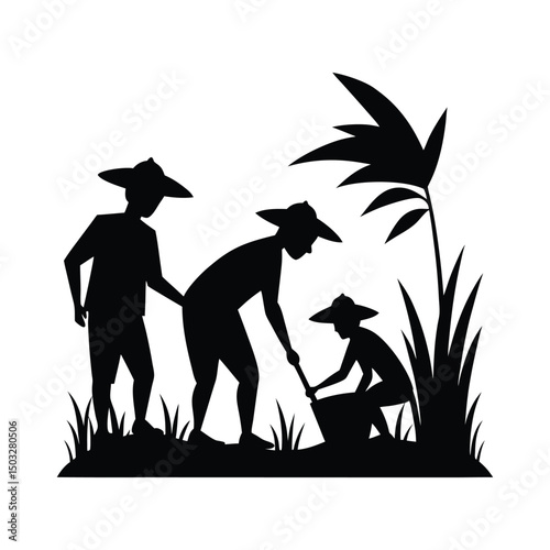 silhouette of farmers in a paddy field vector illustration