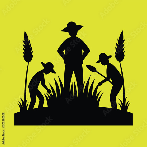 silhouette of farmers in a paddy field vector illustration