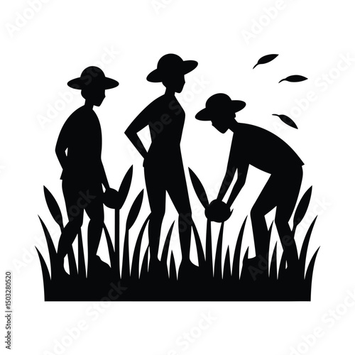 silhouette of farmers in a paddy field vector illustration