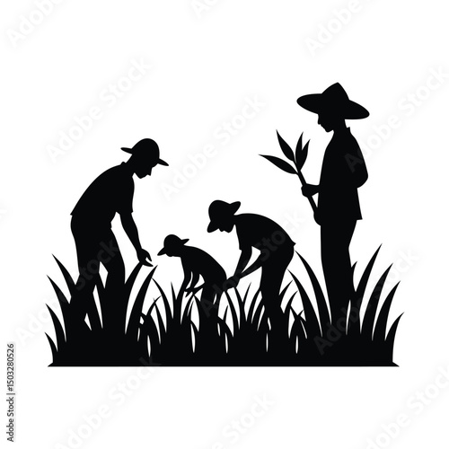 silhouette of farmers in a paddy field vector illustration