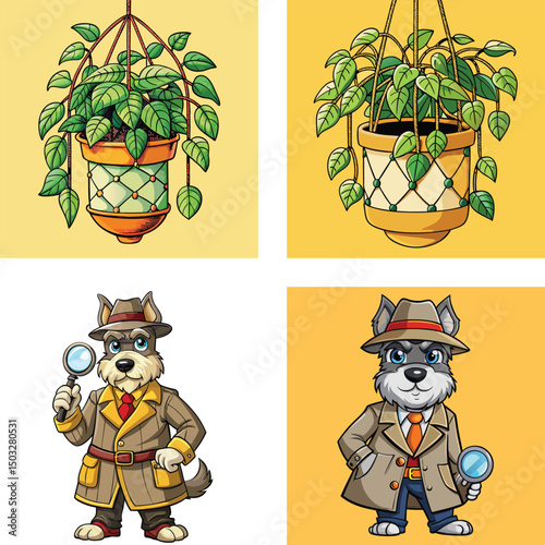 Cartoon Plants And Investigator Dogs On Yellow Background Comic Illustration Style