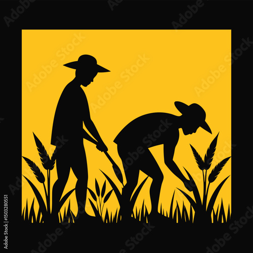 silhouette of farmers in a paddy field vector illustration