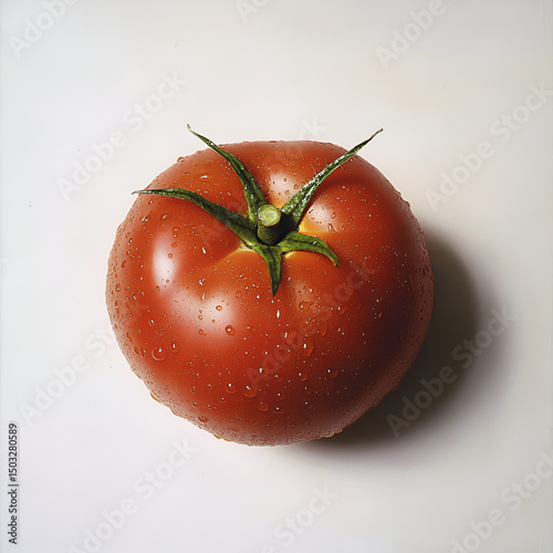 High-resolution studio photo of a ripe tomato with green stem and water droplets on white background