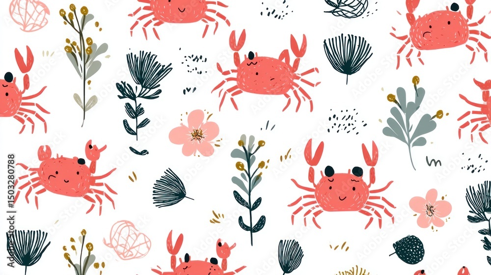 Cute crab and floral seamless pattern Cute crab and floral seamless pattern