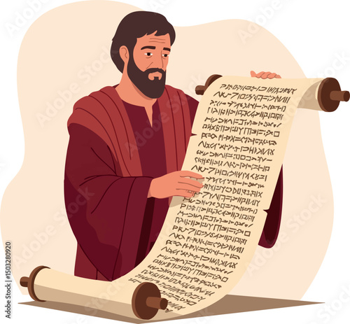 Bearded man reading ancient scroll with script in historical robe vector illustration 