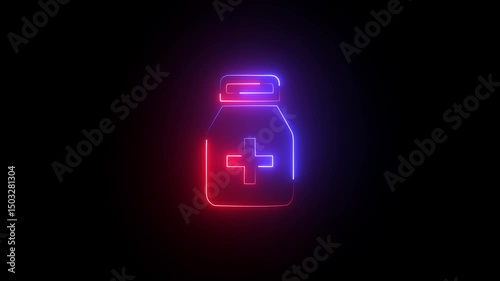 Medicine jar neon glow effect icon animation on black background 