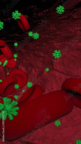 3D animation of uric acid molecules and red blood cells inside a blood vessel.

Hyperuricemia in humans occurs when there is too much uric acid in the blood.
