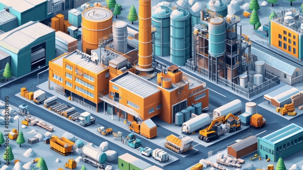 Isometric illustration of an industrial complex with various buildings, machinery, and transportation vehicles. Isometric illustration of an industrial complex with various buildings, machinery, and transportation vehicles.