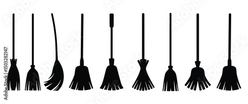 Broomstick silhouette, Witch broomstick silhouette, Halloween party, Set of various witch brooms on white background