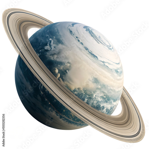 Beautiful fictional ringed gas giant planet isolated on a transparent background