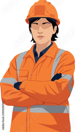 Construction worker in orange safety jacket and helmet crossing arms vector illustration 