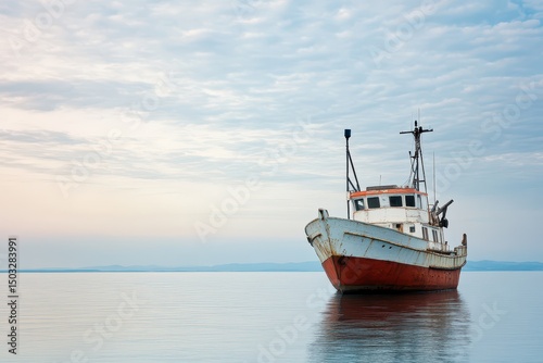Old fishing boat adrift in still water at dawn