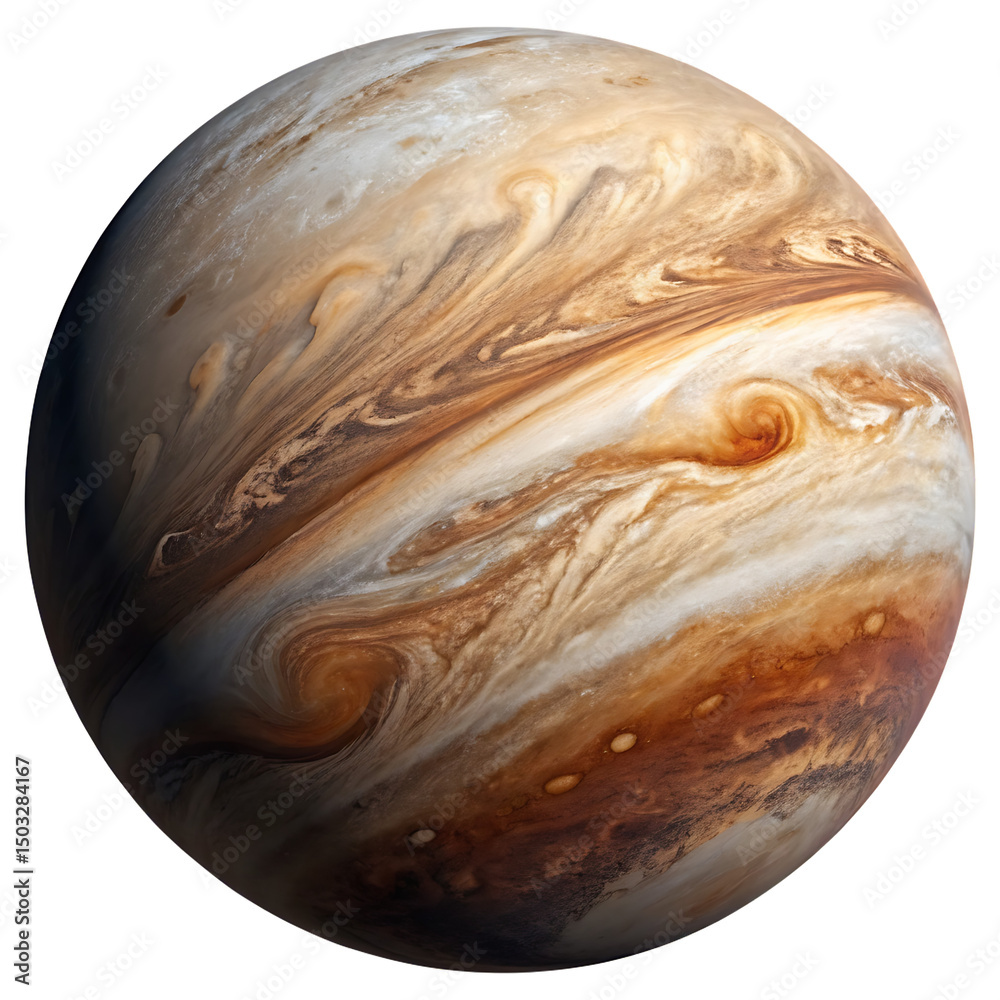 Obraz premium Storm ridden gas giant exoplanet with cloud bands isolated on a transparent background