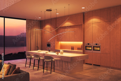 Minimalist luxury kitchen with sunset view and sculptural lighting