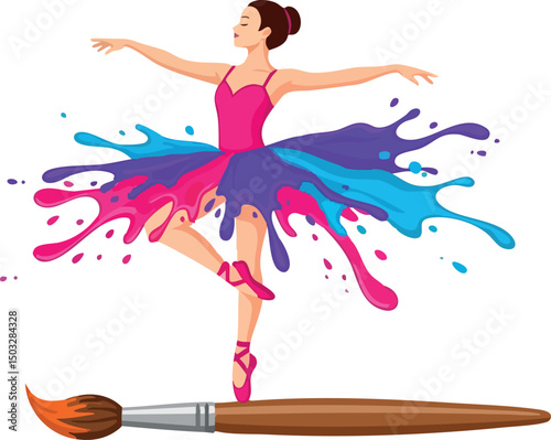 Ballerina Dancing with Colorful Paint Splash Skirt and Paintbrush Illustration Vector 