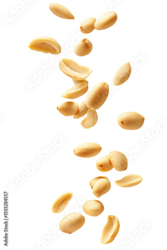 A dynamic shot of shelled peanuts suspended midair against a stark black backdrop creating an abstract pattern