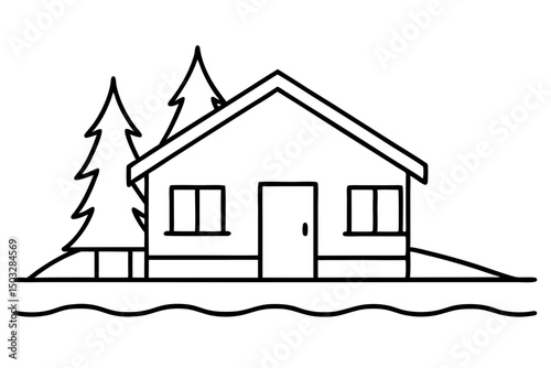 Minimalist Line Art Cabin by a Lake – Scenic Nature Vector Illustration

