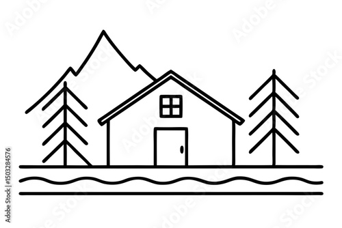 Minimalist Line Art Cabin by a Lake – Scenic Nature Vector Illustration


