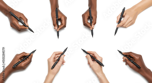 Diverse Hands Writing with Pens Collaboration, Teamwork, and Creativity Concept