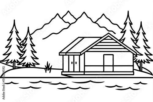 Minimalist Line Art Cabin by a Lake – Scenic Nature Vector Illustration

