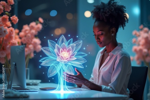 Wallpaper Mural African Female Designer Utilizing AI Technology to Create Digital 3D Holographic Flowers in a Modern Office Environment Torontodigital.ca