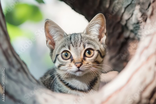 Curious kitten peeking from a tree branch