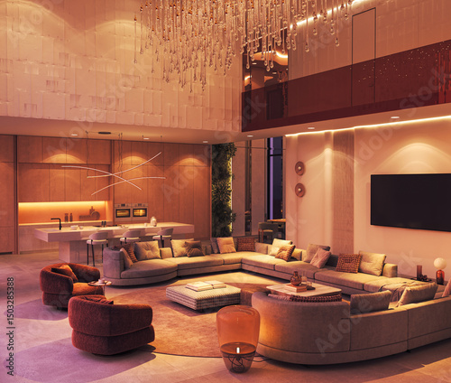 Luxury open plan living space with chandelier and modern kitchen