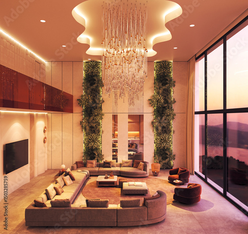 Grand luxury living room with chandelier and sunset view