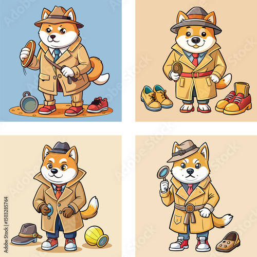 Dog Detective Cartoon Character In Various Poses With Shoe Investigation Theme