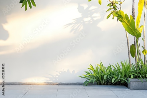 Lush greenery against a serene white wall backdrop