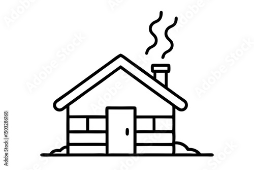 Minimalist Line Art Cabin with Chimney Smoke – Cozy Winter House Icon

