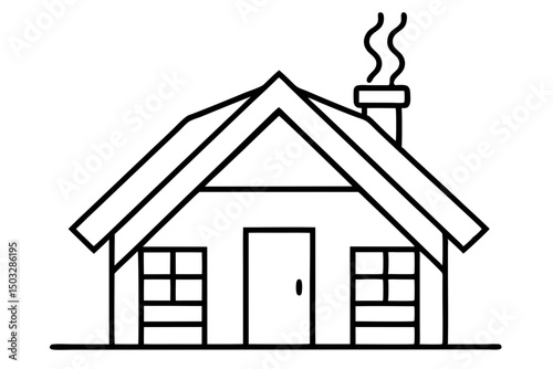 Minimalist Line Art Cabin with Chimney Smoke – Cozy Winter House Icon

