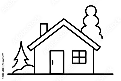 Minimalist Line Art Cabin with Chimney Smoke – Cozy Winter House Icon

