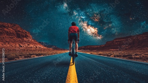 Cyclist Under a Starry Sky on an Open Road