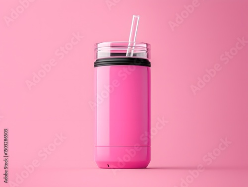 Pink Tumbler Cup Mockup with Clear Lid and Straw