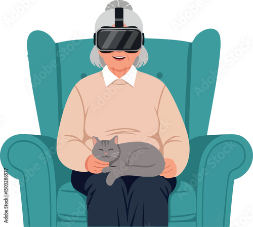 Elderly Woman Wearing Virtual Reality Headset Sitting in Armchair with Cat on Lap Relaxing 