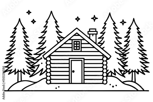Minimal Line Drawing of a Snowy Log Cabin with Pine Trees – Vector Illustration

